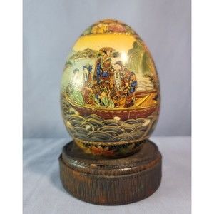 Asian Chinese Egg Oriental Geisha River Vintage Hand Painted Satsuma